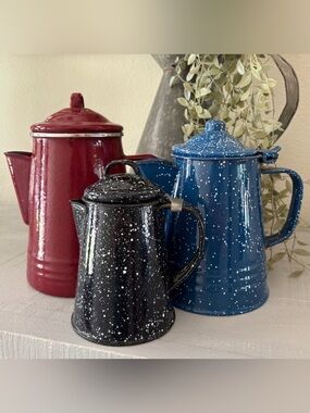 Vintage Paula Deen Speckled Enamelware Coffee Pots Farmhouse Cottagecore Decor